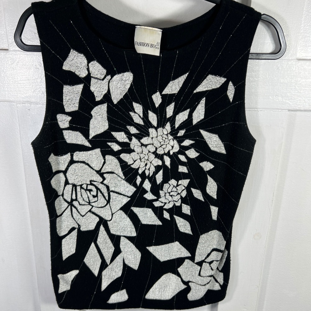 Vintage Fashion Bug Black Silver Metallic Floral Knit Shell Top Sleeveless Sz M